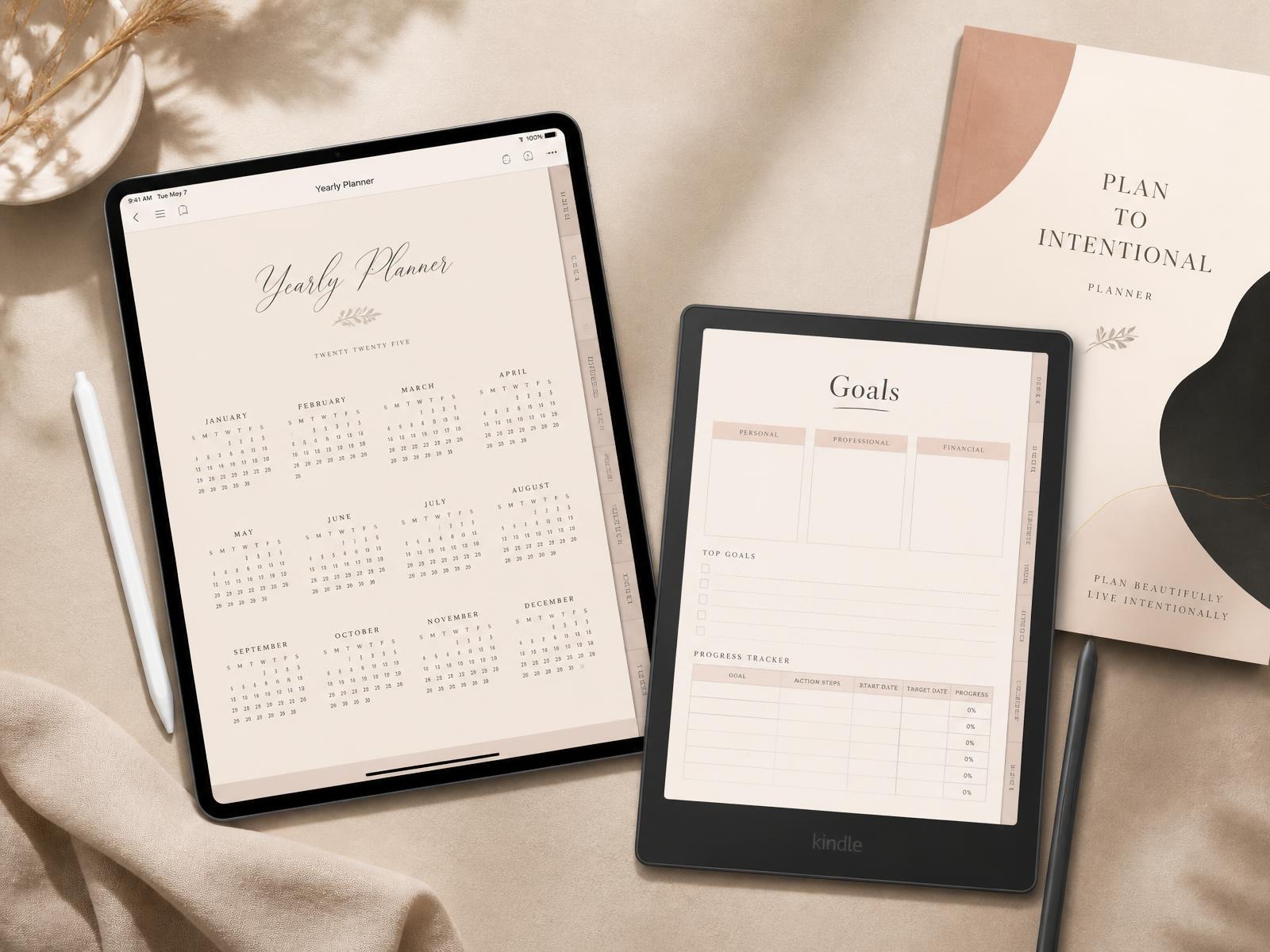 Digital planners on iPad and Kindle with stickers